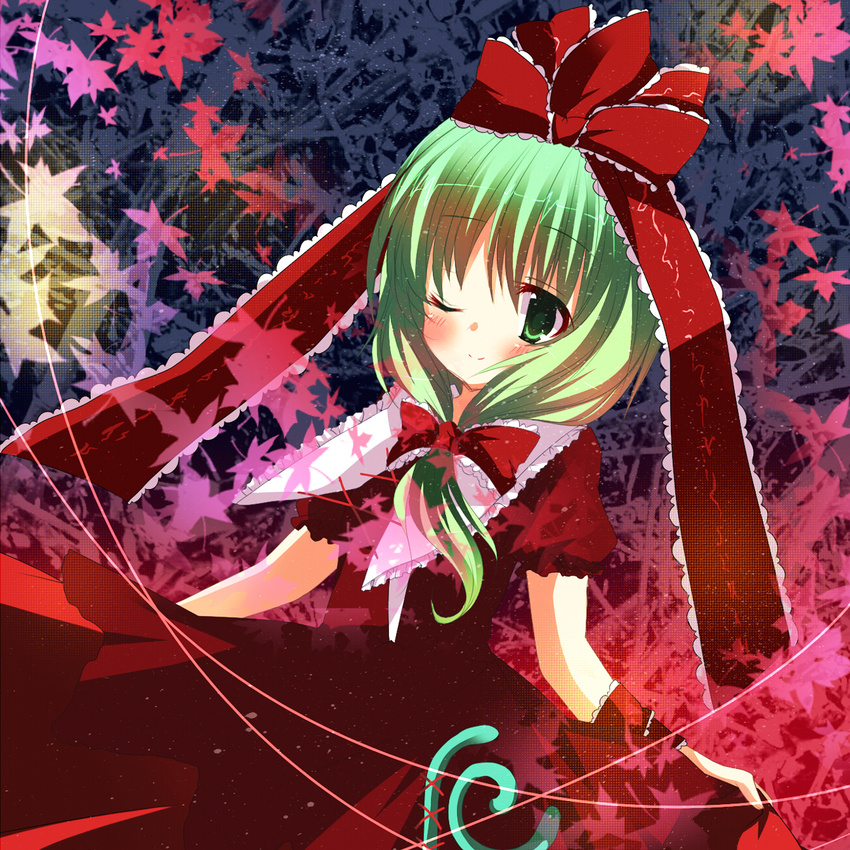 bad_id bad_pixiv_id blush bow dress frills front_ponytail fujishiro_emyu green_eyes green_hair hair_bow hair_ribbon highres kagiyama_hina leaf long_hair maple_leaf one_eye_closed ribbon solo touhou