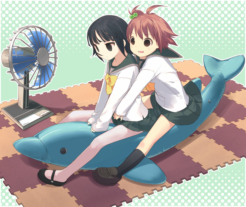 ahoge black_hair brown_eyes brown_hair dolphin electric_fan hair_bobbles hair_ornament highres legs multiple_girls original pantyhose school_uniform short_hair side_ponytail sitting socks uni