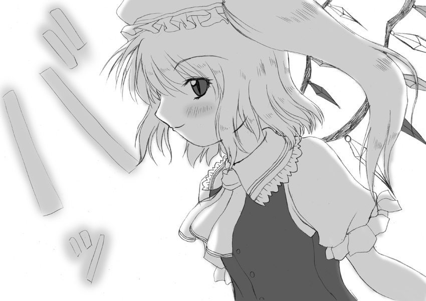 asamura_hiori blush crystal demon_wings flandre_scarlet greyscale hat mob_cap monochrome short_hair side_ponytail simple_background solo touhou upper_body white_background wings