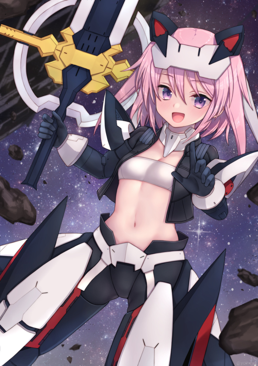 1girl :d alice_gear_aegis bandeau black_gloves commentary_request eyebrows_visible_through_hair gloves hair_between_eyes highres hirasaka_yotsuyu holding holding_sword holding_weapon looking_at_viewer navel open_mouth pink_hair purple_eyes smile solo space sparkle sword weapon yoineya