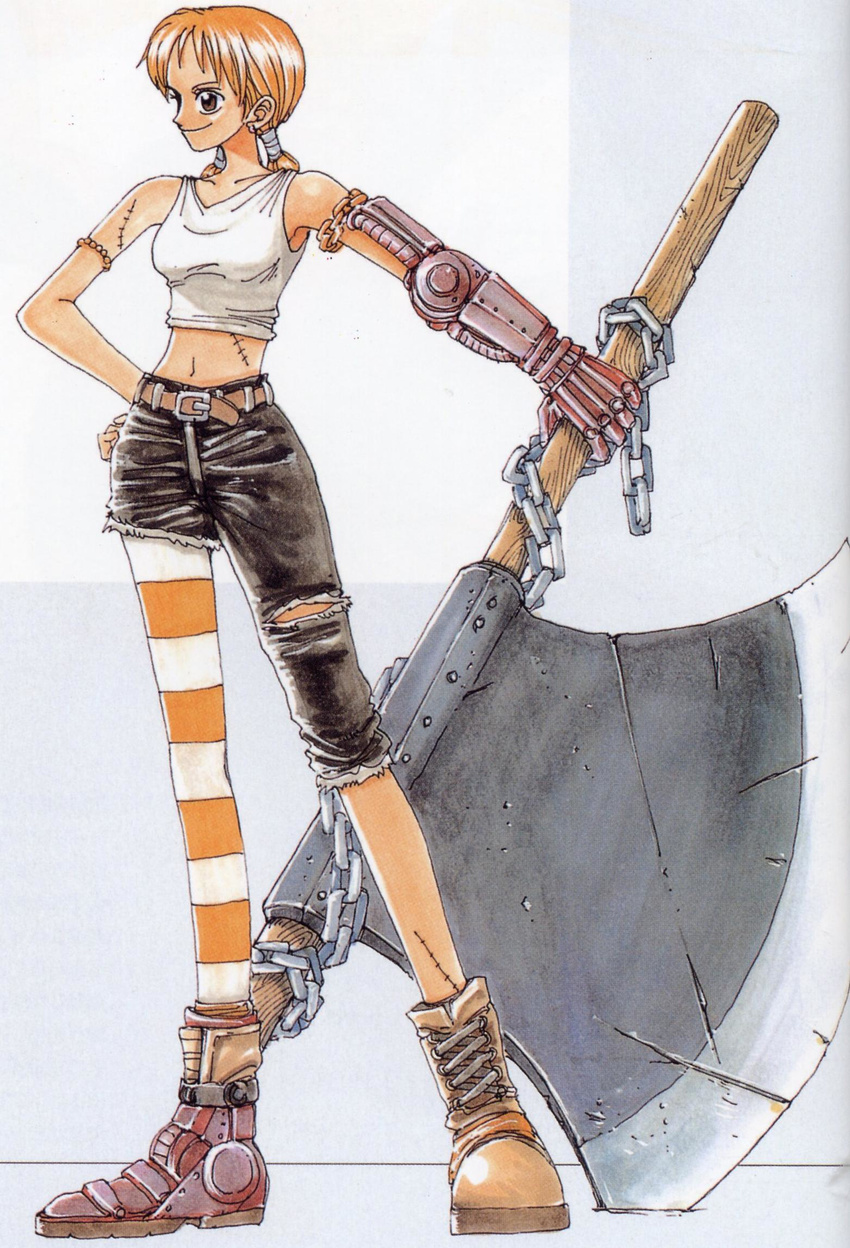 1girl axe belt boots chains concept_art nami_(one_piece) navel oda_eiichirou one_piece orange_hair scar tank_top thighhighs torn_clothes weapon