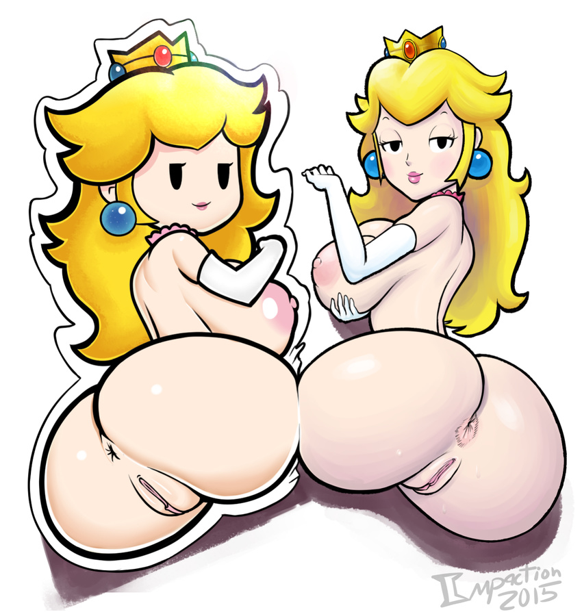 anus ass black_eyes blonde_hair blush breasts crown dual_persona earrings elbow_gloves from_behind gloves gray_impact huge_ass jewelry lips long_hair looking_at_viewer looking_back mario_&amp;_luigi mario_&amp;_luigi:_paper_jam multiple_girls nintendo nipples nude paper_mario princess_peach pussy sideboob super_mario_bros. take_your_pick uncensored