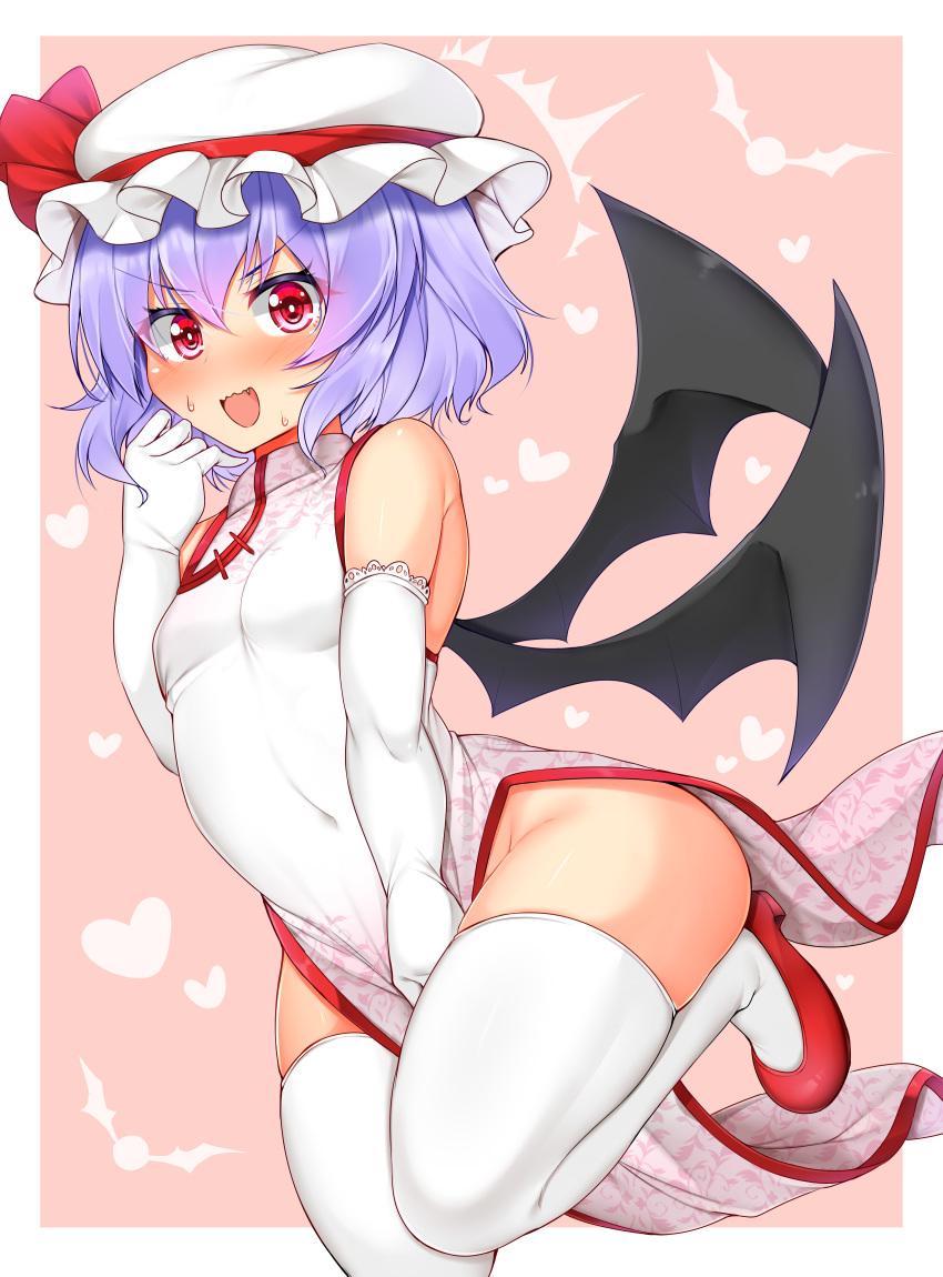 /\/\/\ 1girl :d alternate_costume bangs bare_shoulders bat_wings blue_hair blush border breasts china_dress chinese_clothes commentary_request dress elbow_gloves eyebrows_visible_through_hair fang gloves groin hair_between_eyes hand_up hat hat_ribbon heart highres leg_up looking_at_viewer mob_cap open_mouth outside_border pelvic_curtain pink_background pink_eyes red_footwear red_ribbon remilia_scarlet ribbon shoes short_hair side_slit simple_background sleeveless sleeveless_dress small_breasts smile solo thighhighs thighs tokoya_(ex-hetare) touhou v-shaped_eyebrows white_border white_dress white_gloves white_hat white_legwear wings