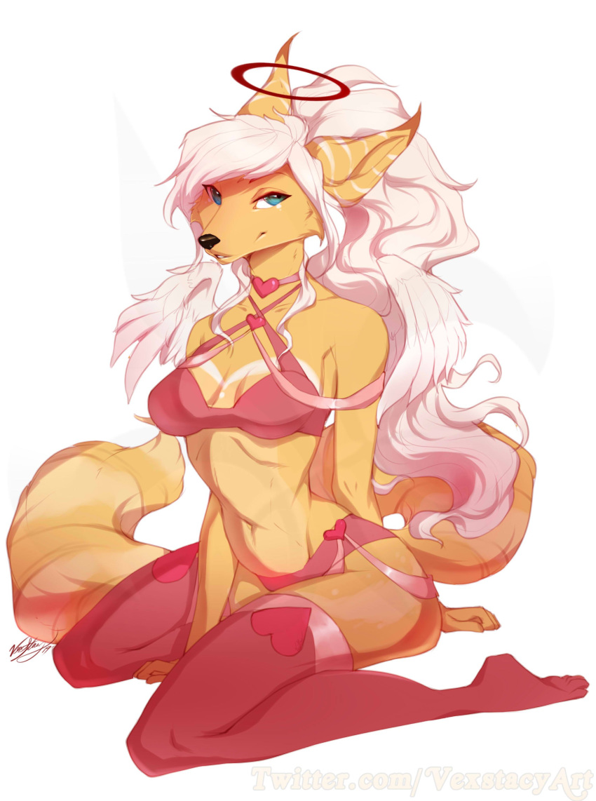 2019 anthro bra canid canine clothed clothing digital_media_(artwork) female kneeling legwear lingerie looking_at_viewer mammal simple_background smile solo stockings underwear vexstacy white_background