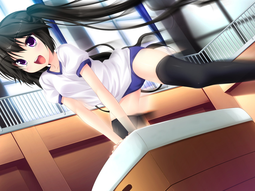 1girl arm_support black_hair black_legwear black_thighhighs blush buruma female game_cg gym_uniform long_hair luna_lia mecha_con! open_mouth purple_eyes shirt short_sleeves solo t-shirt thighhighs twintails yatake_tsubaki