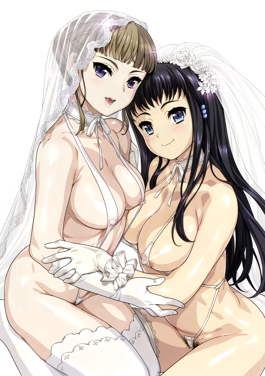 2girls bikini black_hair blue_eyes blush breasts bridal_veil bride brown_hair choker elbow_gloves erect_nipples eroge!_h_mo_game_mo_kaihatsu_zanmai euphoria euphoria_(clockup) gloves hamashima_shigeo himeno_kisara long_hair manaka_nemu multiple_girls nipples open_mouth pubic_hair purple_eyes see-through short_hair simple_background sling_bikini smile swimsuit thighhighs veil white white_background white_bikini white_gloves white_legwear white_swimsuit yuri