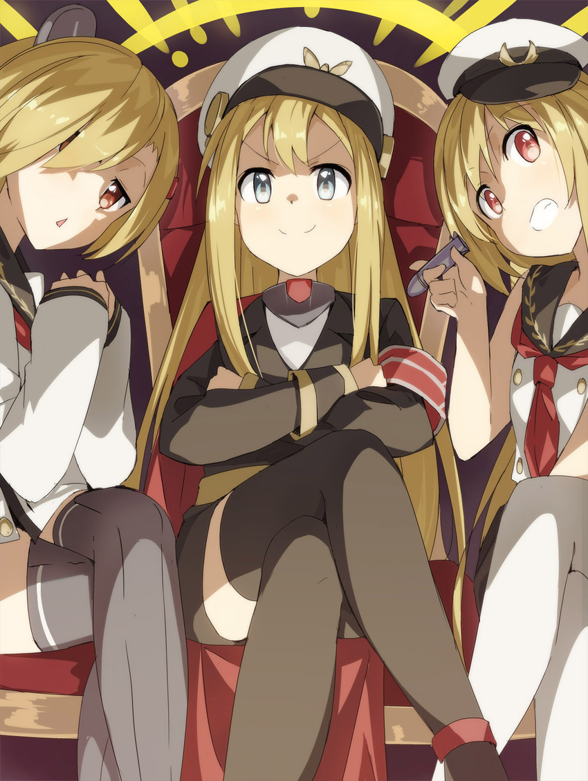 &gt;:) admiral_scheer_(zhan_jian_shao_nyu) arm_up armband bangs black_jacket black_legwear blonde_hair breasts buttons cape chair closed_mouth commentary_request crossed_arms crossed_legs deutschland_(zhan_jian_shao_nyu) double-breasted dress flat_chest graf_spee_(zhan_jian_shao_nyu) grin hair_ornament hair_over_one_eye hairclip hands_clasped hat headgear highres holding insignia jacket long_hair long_sleeves looking_at_viewer military military_hat military_uniform multiple_girls own_hands_together peaked_cap red_cape red_eyes sailor sailor_dress shirt short_hair sitting sleeveless small_breasts smile smug swept_bangs teeth thighhighs tomato_(lsj44867) torpedo uniform v-shaped_eyebrows white_hat white_legwear white_shirt zettai_ryouiki zhan_jian_shao_nyu