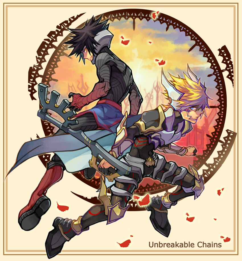 absurdres armor back-to-back black_hair blonde_hair blue_eyes boots border cape dual_persona english frame full_body gloves grin helmet highres holding holding_weapon keyblade kingdom_hearts kingdom_hearts_birth_by_sleep lidian_s male_focus multiple_boys pale_skin petals smile spoilers text_focus vanitas ventus weapon yellow_eyes