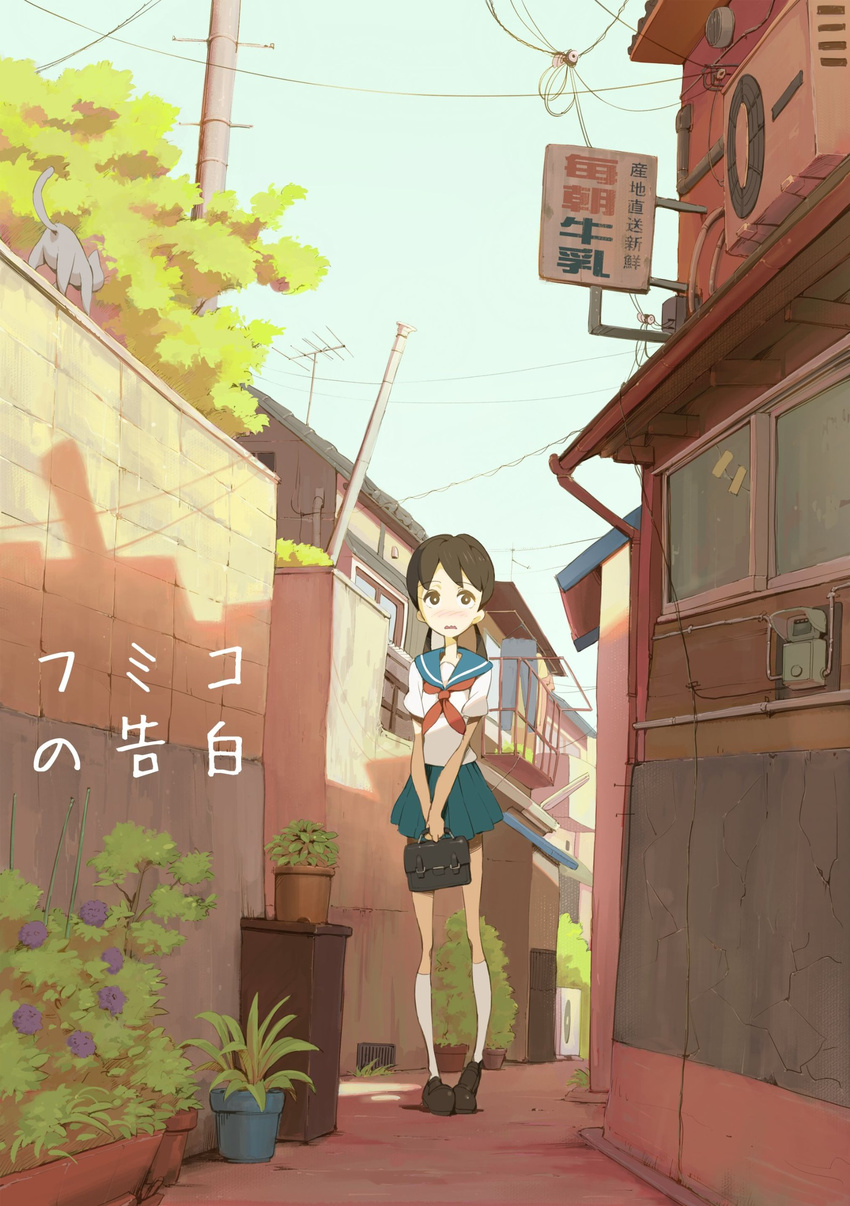 1girl air_conditioner alley animal antenna artist_name bag blouse blush brown_eyes brown_hair building cable cat copyright_name cover dvd_cover electricity_meter female fumiko fumiko_no_kokuhaku grass grate highres ishida_hiroyasu kneehighs long_hair miniskirt official_art outdoors plant pleated_skirt pot potted_plant power_lines school_bag school_uniform serafuku skinny skirt sky solo standing straight_hair street tagme tree twintails uniform utility_pole_(object) wavy_mouth white_legwear