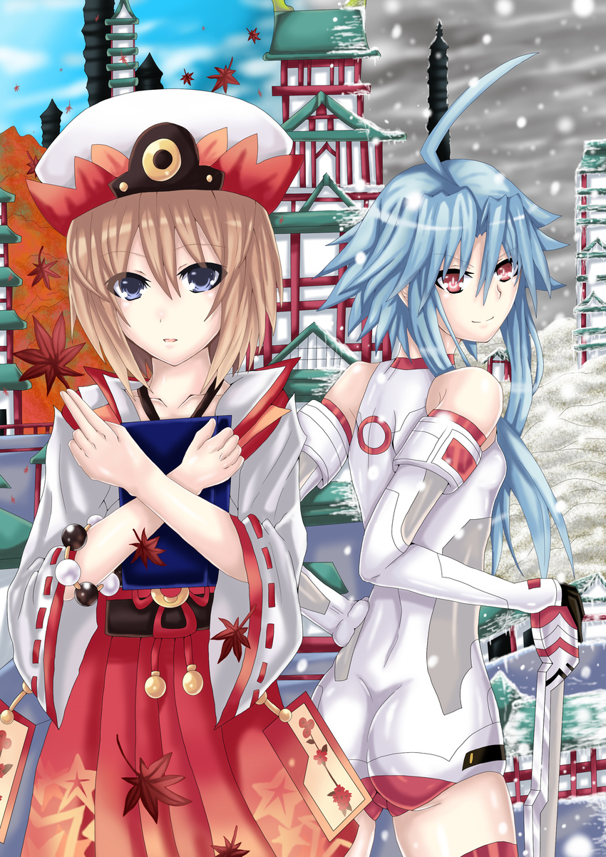 2girls ahoge artist_request ass bare_shoulders blanc blue_eyes blue_hair bodysuit book breasts brown_hair choujigen_game_neptune compile_heart dual_persona elbow_gloves gloves hat honke_ganso idea_factory japanese_clothes kami_jigen_game_neptune_v looking_at_viewer looking_back multiple_girls neptune_(series) red_eyes shiny shiny_clothes shiny_hair shiny_skin short_hair short_hair_with_long_locks sideboob sidelocks skirt small_breasts smile snow white_heart