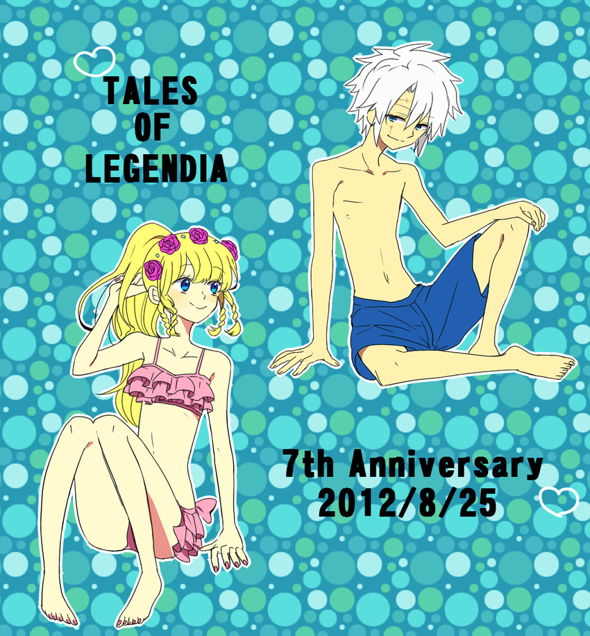 1boy 1girl bare_shoulders barefoot bikini blonde_hair blue_background blue_eyes braid breasts copyright_name flower heart long_hair midriff navel ponytail rose senel_coolidge shirley_fennes short_hair shorts smile swimsuit tales_of_(series) tales_of_legendia tattoo white_hair