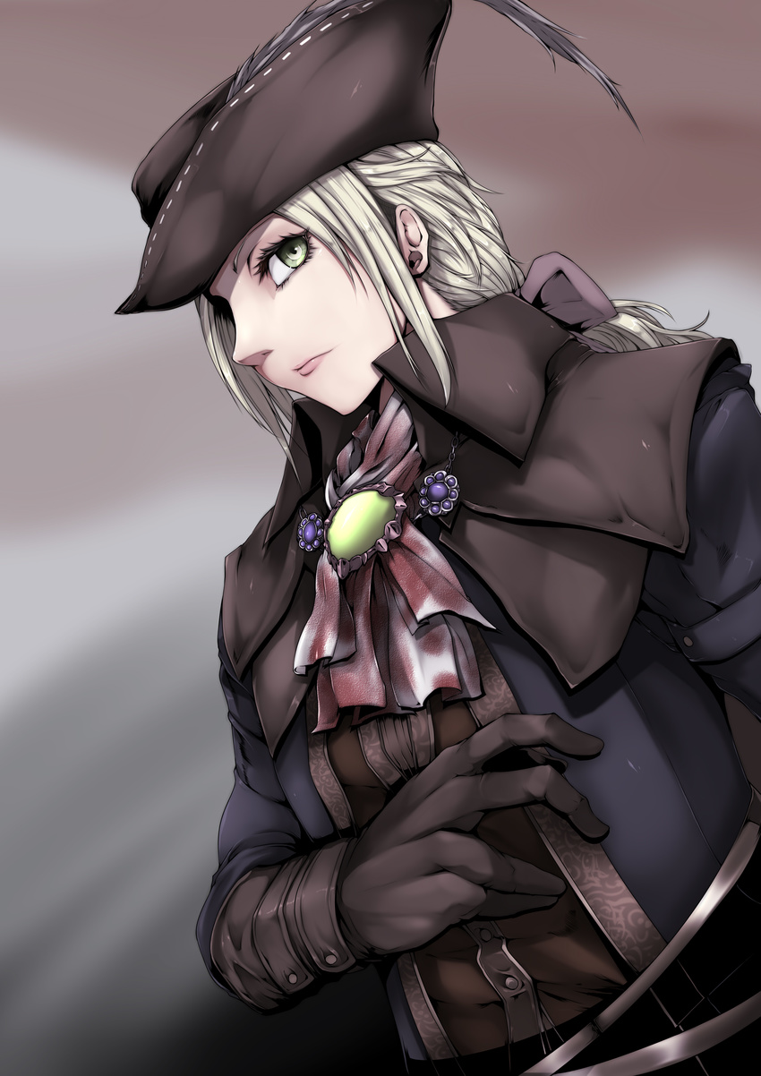 blonde_hair bloodborne bow brown_gloves cravat feathered_hat gggg gloves green_eyes hair_bow hat lady_maria_of_the_astral_clocktower looking_at_viewer ponytail upper_body