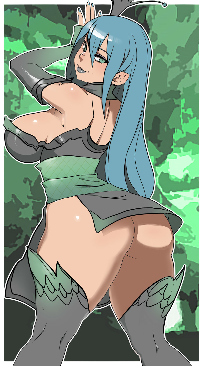 1girl aqua_eyes ass bare_shoulders blue_hair breasts collaboration crown curvy large_breasts looking_at_viewer looking_back makeup maniacpaint my_little_pony my_little_pony_friendship_is_magic nail_polish oddmachine personification queen_chrysalis sideboob smile thighhighs