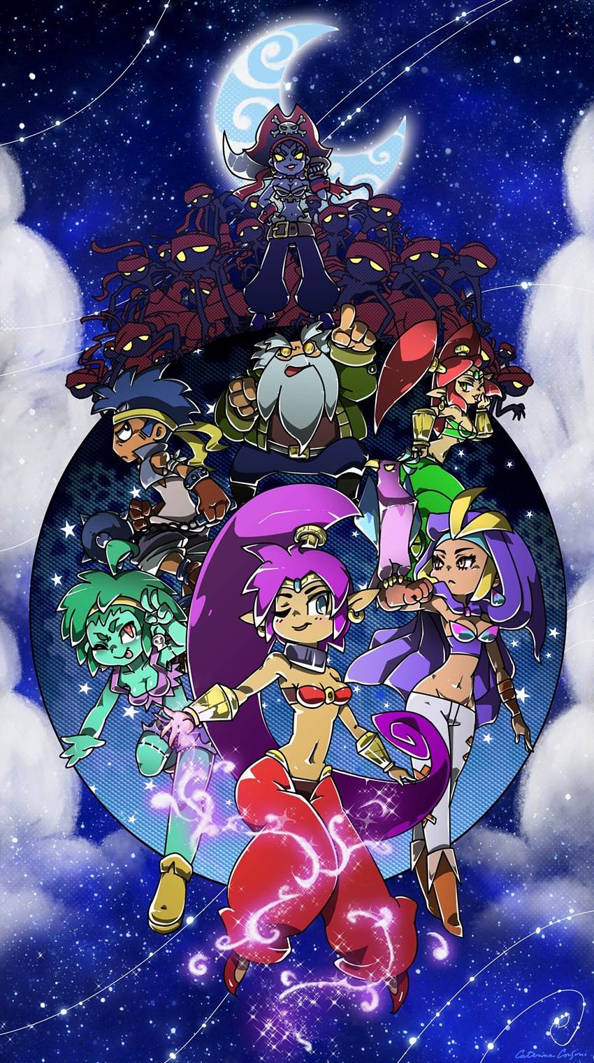 2boys 6+girls bandanna beard bolo_(shantae) breasts bridal_gauntlets cleavage dark_skin everyone facial_hair green_hair green_skin hairband headband hood magic midair midriff mimic_(shantae) moon multiple_boys multiple_girls navel night_sky pointy_ears risky_boots rottytops shantae shantae:_half-genie_hero shantae_(character) sky_(shantae) sparkle star_(sky) starry_sky stitches super_caterina sword tinkerbat wrench_(shantae) zombie