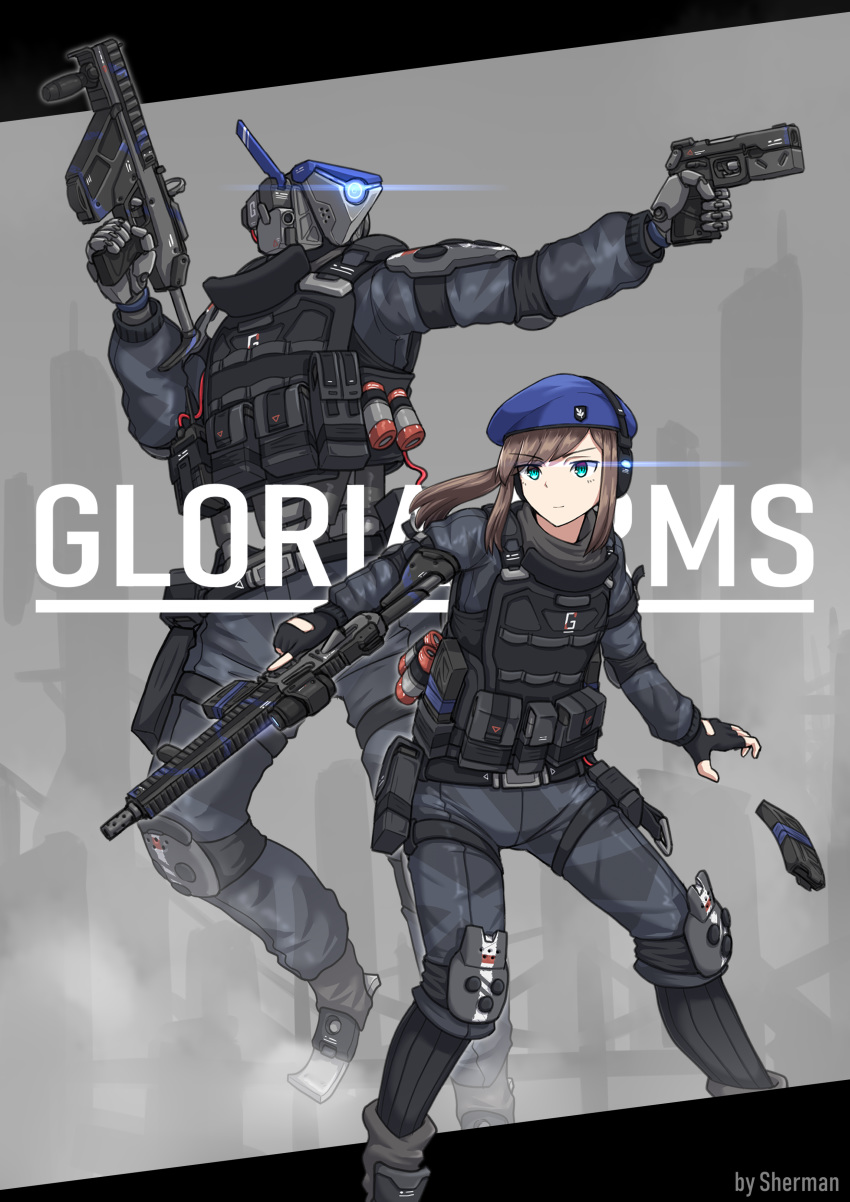 1girl absurdres aqua_eyes assault_rifle beret brown_hair chinese_commentary commentary_request dual_wielding elbow_pads fingerless_gloves foregrip gloves gun handgun hat headphones highres holding holding_gun holding_weapon knee_pads load_bearing_vest magazine_(weapon) original pistol ponytail rifle robot science_fiction sherman_(egnk2525) submachine_gun trigger_discipline weapon