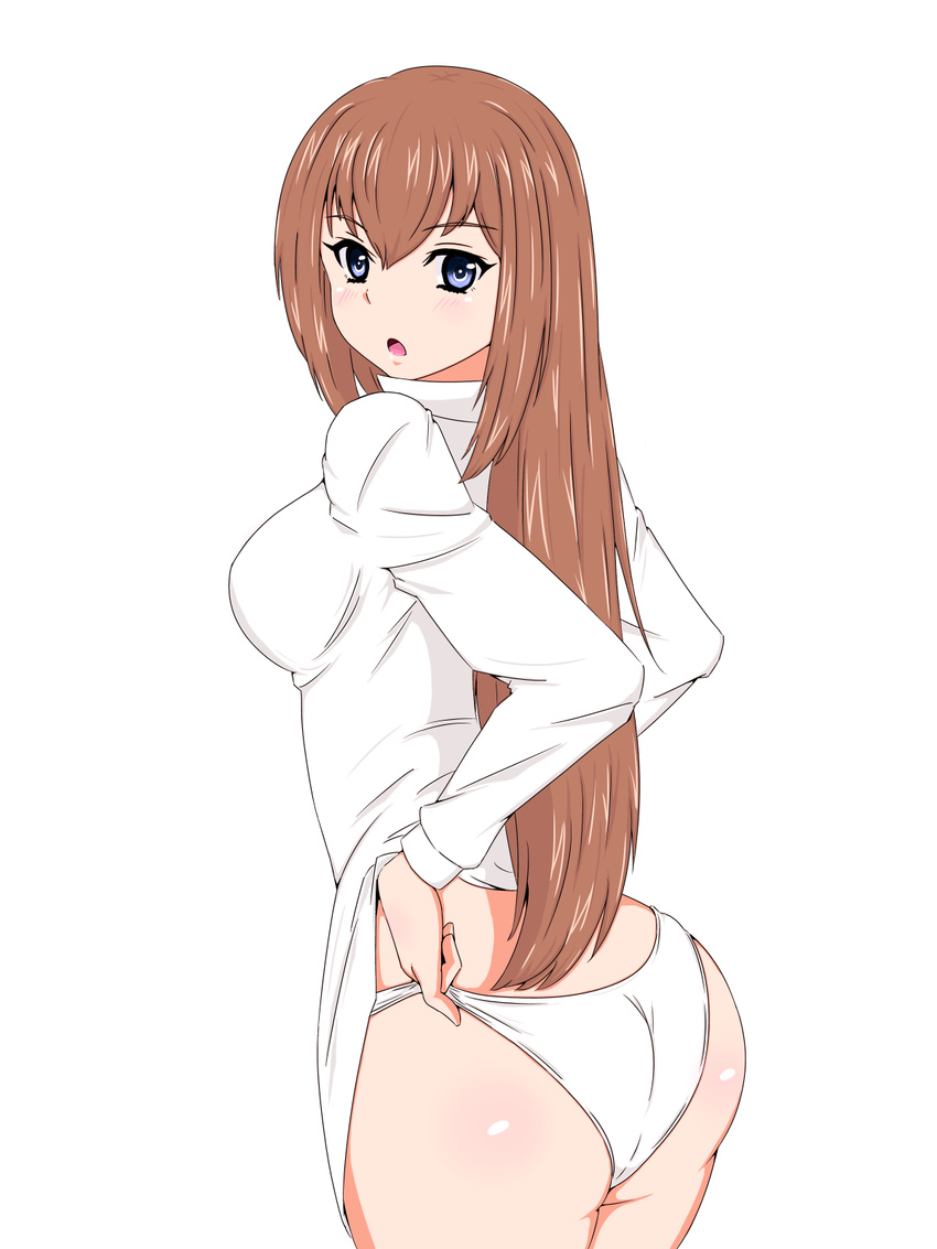 1girl artist_request ass blue_eyes blush breasts brown_hair female large_breasts long_hair long_shirt makise_kurisu no_pants open_mouth panties parted_lips shiny shiny_hair shiny_skin sideboob simple_background solo steins;gate taka_(copyrobot) underwear