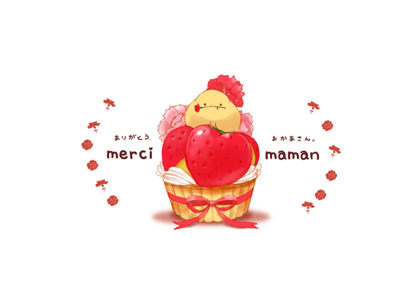 1other bird chai flower_in_mouth food fruit highres mother's_day original red_ribbon ribbon simple_background sitting_on_food strawberry tart_(food) whipped_cream white_background