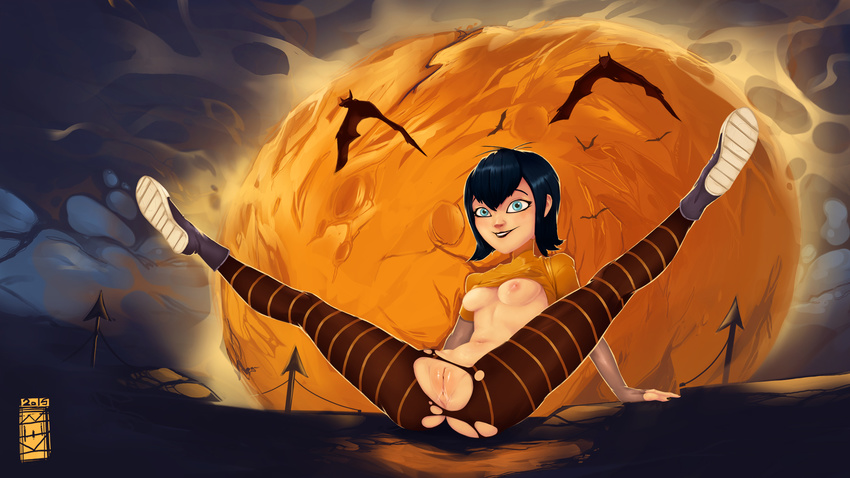 bat black_hair black_lipstick blue_eyes breasts halloween hotel_transylvania lipstick makeup mavis_dracula navel nipples outdoors pussy_juice shaved shoes short_hair spread_legs striped torn_clothes uncensored vampire