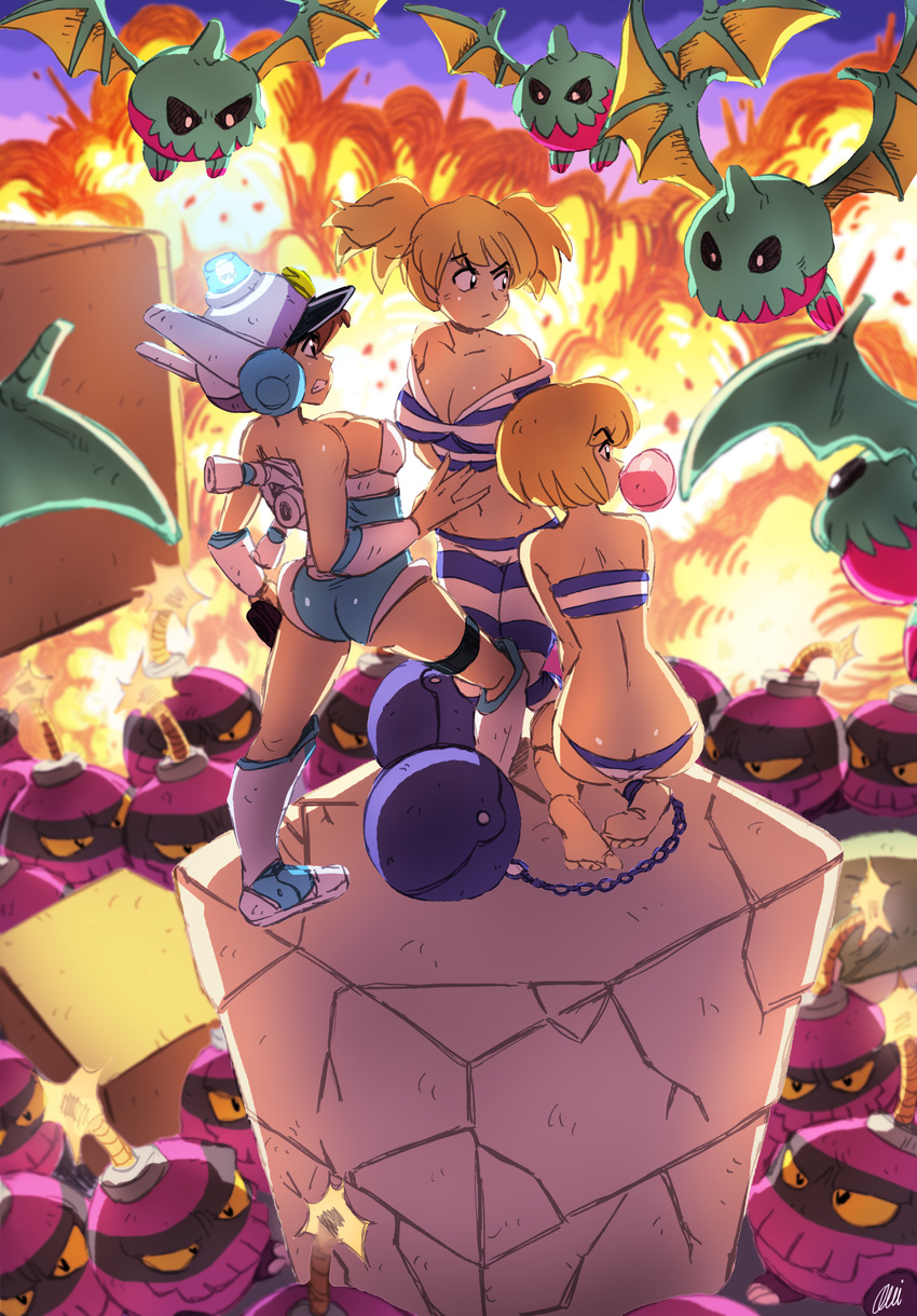absurdres alarm_siren ass bare_shoulders blonde_hair boots breasts brown_hair bubble_blowing butt_crack chain chewing_gum cleavage clenched_teeth explosion full_body gloves helmet highres hooligan_sisters kneehighs large_breasts leotard midriff mighty_(series) mighty_switch_force! monster multiple_girls navel onichan-xd panties patricia_wagon police prison_clothes standing strapless striped striped_panties teeth tubetop two_side_up underwear wayforward wings