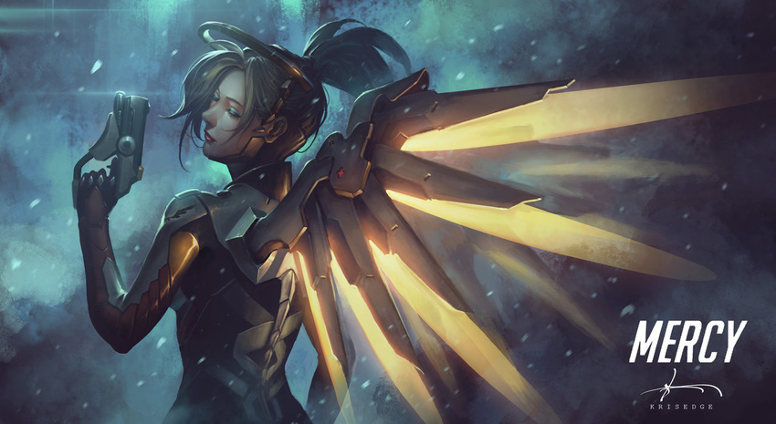 artist_name big_noodle blonde_hair blue_background breasts character_name closed_eyes duplicate finger_on_trigger from_behind glint glowing glowing_wings gun handgun high_ponytail holding holding_gun holding_weapon left-handed lips long_hair mechanical_halo mechanical_wings medium_breasts mercy_(overwatch) nose overwatch pistol ponytail smile smoke solo varakorn_kamthita weapon wings yellow_wings