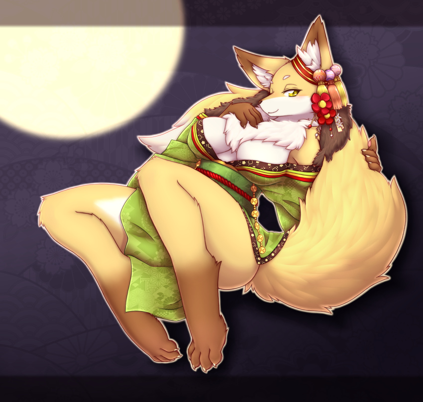 1girl artist_request fox furry gold_eyes japanese_clothes moon night solo