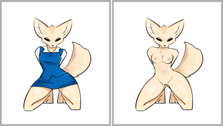 aggressive_retsuko breasts canid canine clothed clothing female fennec fenneko fox kneeling mammal nipples nude off/on pussy solo zinnick