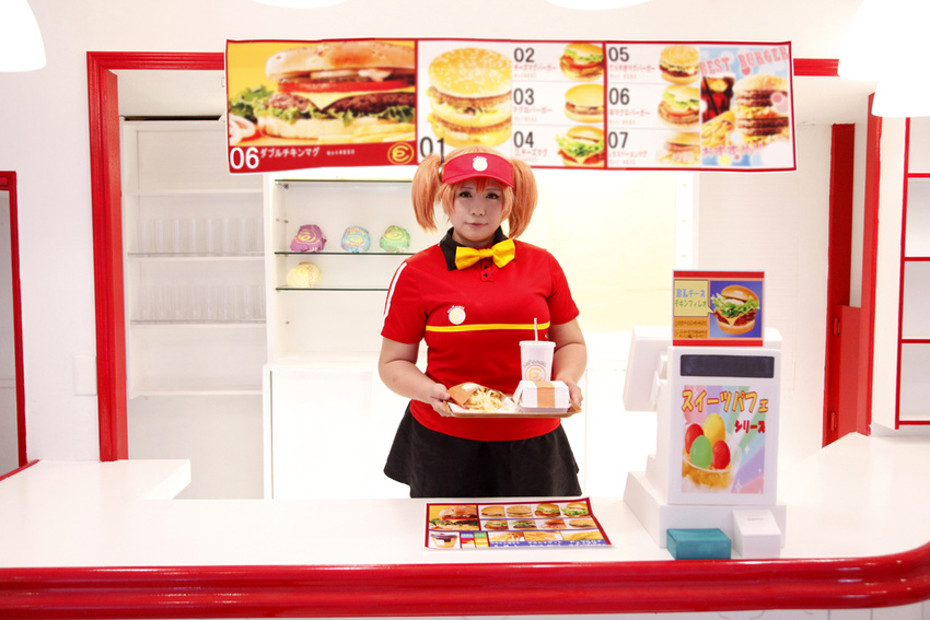 1girl asian bow bowtie brand_name_imitation breasts brown_eyes brown_hair chouzuki_maryou cosplay employee_uniform fast_food fast_food_uniform female food hamburger hataraku_maou-sama! large_breasts photo plump polo_shirt ribbon sasaki_chiho sasaki_chiho_(cosplay) short_hair short_twintails skirt solo twintails uniform visor_cap