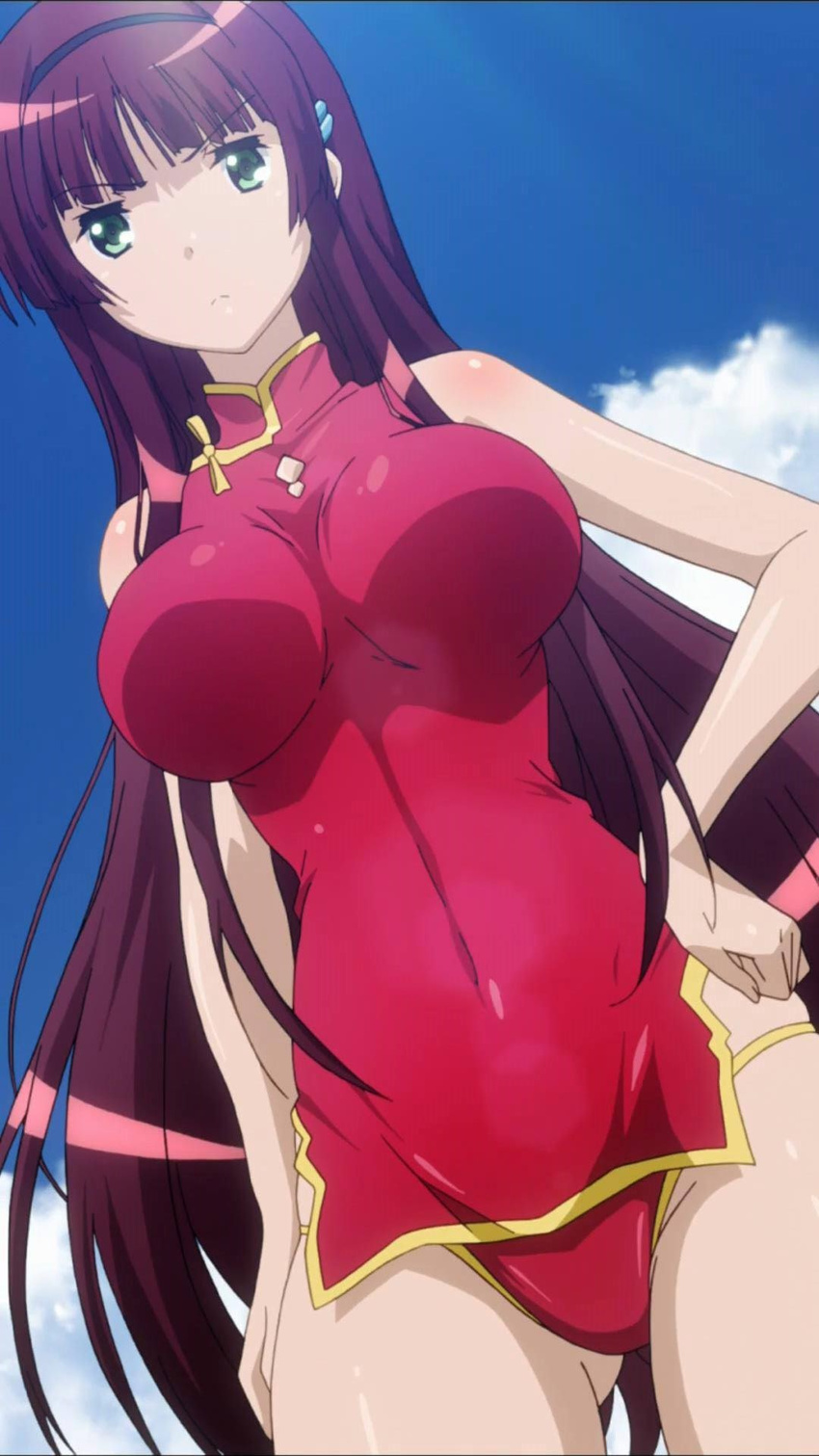 1girl breasts china_dress chinese_clothes dress female green_eyes hairband hand_on_hip highres large_breasts long_hair maroon_hair panties red_hair red_panties revealing_clothes screencap seiken_tsukai_no_world_break solo stitched underwear urushibara_shizuno