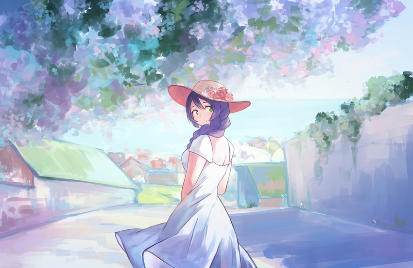 1girl artist_request back dress female green_eyes hat long_hair looking_back love_live!_school_idol_project purple_hair solo sun_hat toujou_nozomi white_dress white_outfit zhaitengjingcang