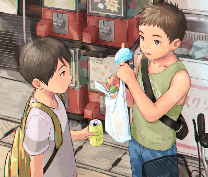 2boys b_gent backpack bag bicycle brown_eyes brown_hair c.c._lemon can food green_tank_top ground_vehicle ice_cream looking_at_another male_focus multiple_boys original sweat tank_top