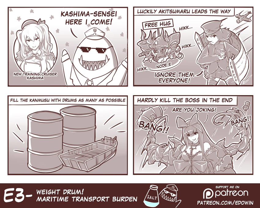 1boy 3girls admiral_(kantai_collection) akitsu_maru_(kantai_collection) comic defense_of_the_ancients dota_2 drum drum_(container) edwin_(cyberdark_impacts) highres instrument kantai_collection kashima_(kantai_collection) md5_mismatch monochrome multiple_girls pt_imp_group seaplane_tender_hime shinkaisei-kan tidehunter