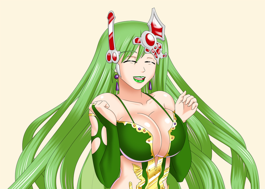 bluebullpen breasts cleavage eyes_closed final_fantasy final_fantasy_iv green_hair happy large_breasts lipstick long_hair makeup rydia smile