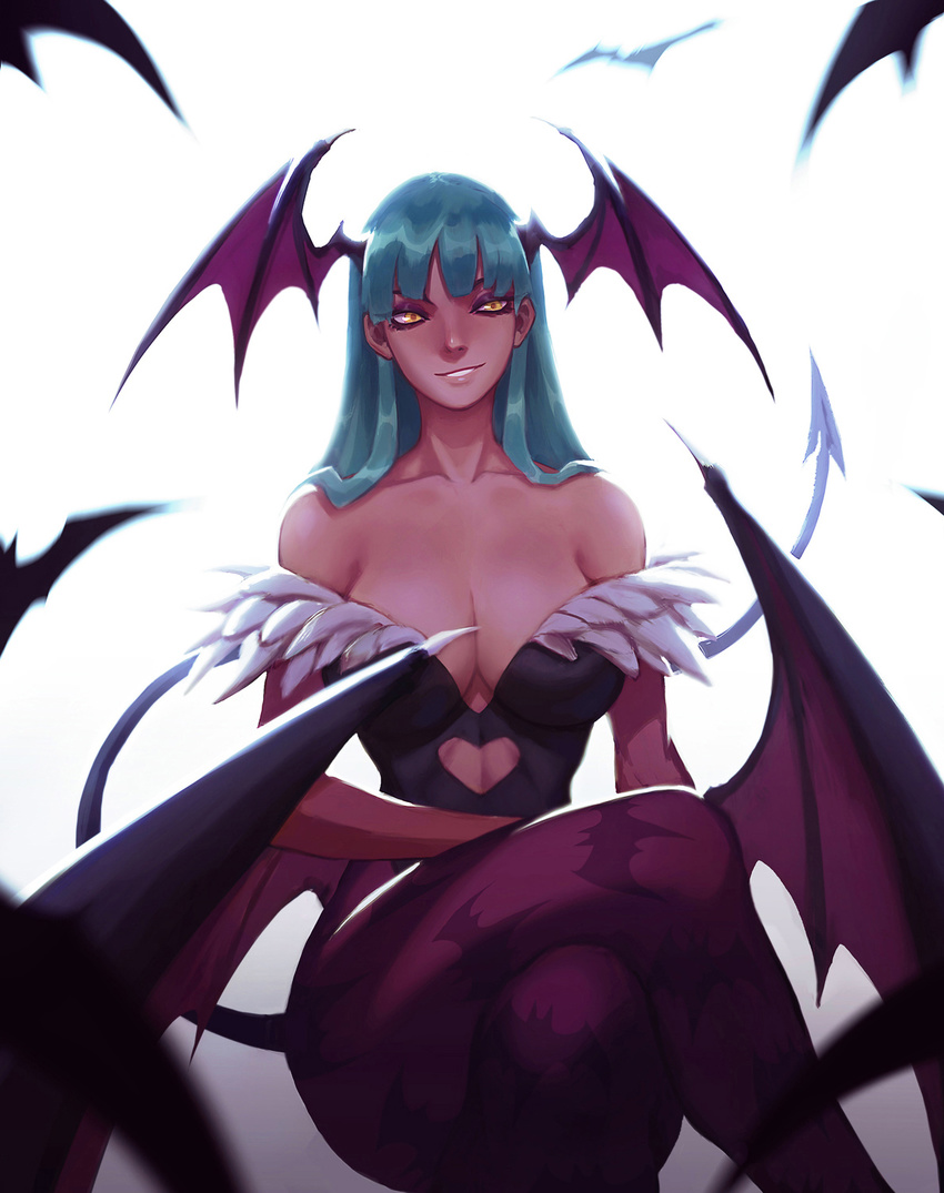 1girl aqua_hair bare_shoulders bat_print bat_wings breasts cleavage headwings hime_cut liyart morrigan_aensland pantyhose smile solo vampire_(game) wings yellow_eyes