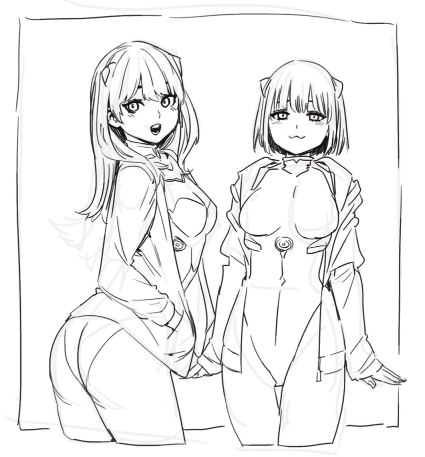 2girls archvermin ayanami_rei ayanami_rei_(cosplay) breasts copyright_request cosplay long_hair looking_at_viewer multiple_girls neon_genesis_evangelion open_mouth plugsuit short_hair simple_background smile soryu_asuka_langley souryuu_asuka_langley_(cosplay) white_background