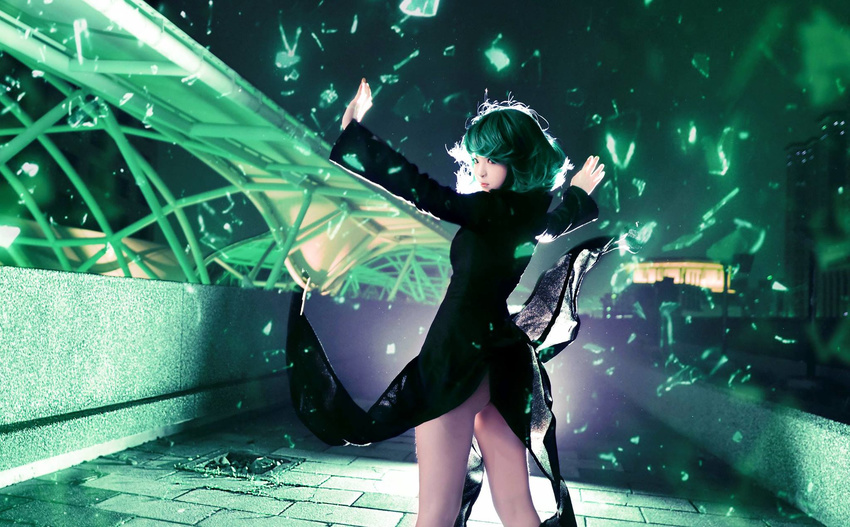 1girl cosplay dress green_hair one-punch_man photo psychic solo standing tatsumaki