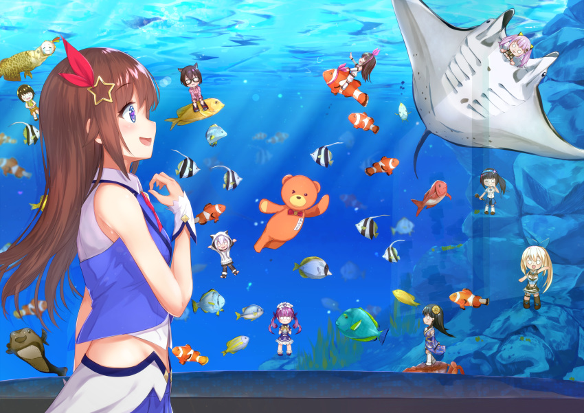 1girl a.i._channel absurdres blue_eyes brown_hair character_request eyebrows_visible_through_hair fish floating_hair from_side hair_between_eyes hair_ornament hair_ribbon highres isutoon_(ist3129) kizuna_ai long_hair manta_ray midriff neck_ribbon outdoors profile red_ribbon ribbon shiny shiny_hair shirt sleeveless sleeveless_shirt standing star star_hair_ornament tokino_sora tokino_sora_channel virtual_youtuber white_shirt