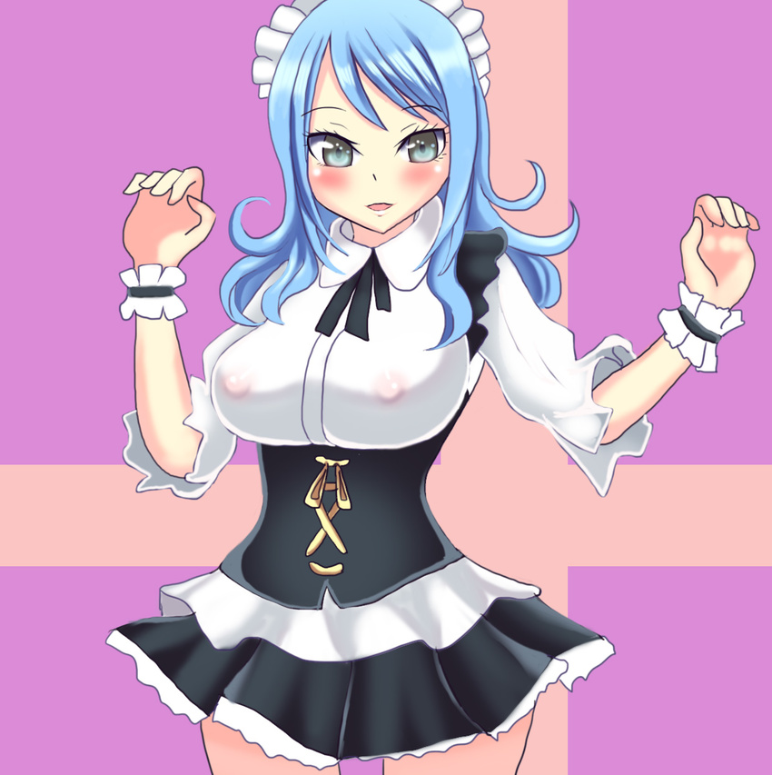 1girl areolae artist_request blue_hair blush breasts erect_nipples fairy_tail female juvia_loxar large_breasts long_hair looking_at_viewer maid maid_headdress maid_uniform nipples open_mouth see-through silver_eyes smile solo