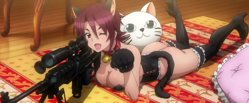 1girl ass breasts butt_crack highres huge_breasts lying on_stomach rifle screencap short_hair smile solo stitched thigh_boots triage_x tsurugi_miki weapon