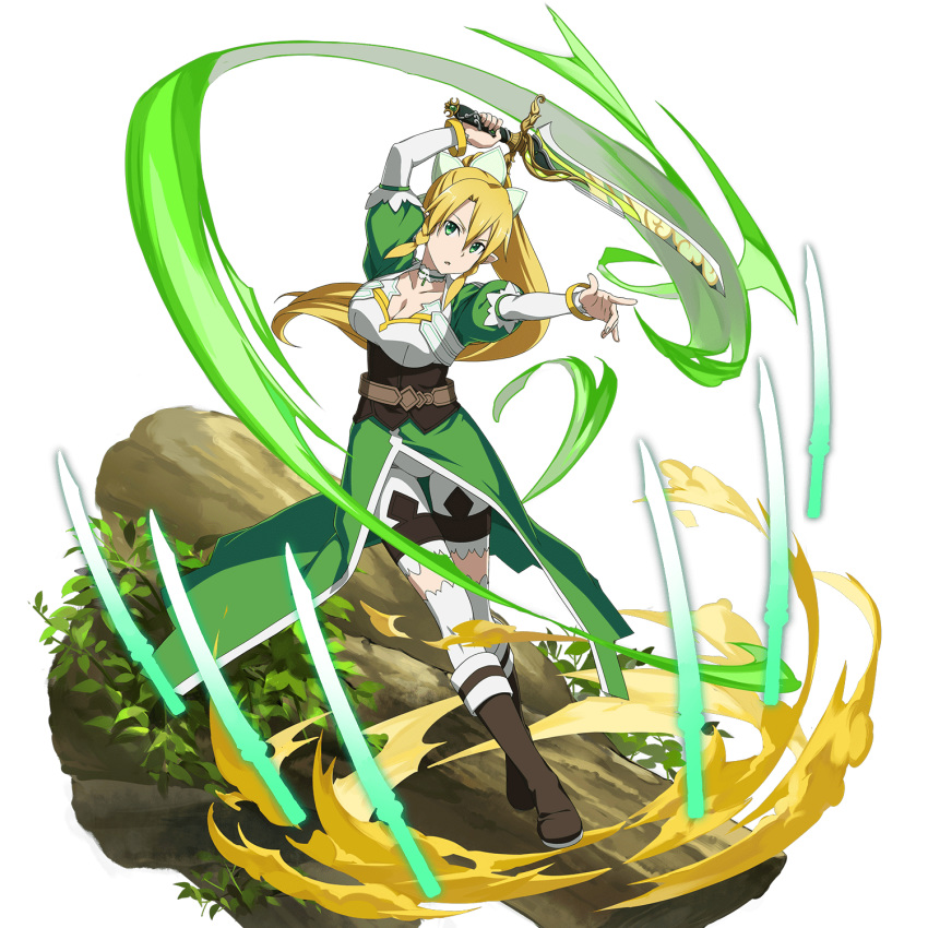 1girl arm_up blonde_hair bracelet breasts brown_footwear cape choker cleavage collarbone corset detached_sleeves full_body green_cape green_eyes hair_between_eyes hair_ornament high_ponytail highres holding holding_sword holding_weapon jewelry large_breasts leafa long_hair long_sleeves looking_at_viewer official_art pointy_ears shorts solo standing sword sword_art_online thighhighs transparent_background very_long_hair waist_cape weapon white_legwear white_shorts white_sleeves