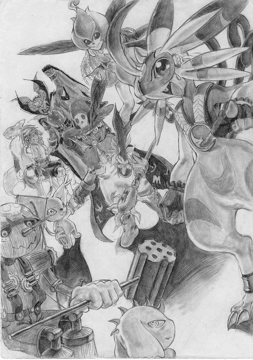 animal_ears bandai cape creature digimon fairy hat helmet lekismon lillymon looking_at_viewer monochrome monster multiple_boys multiple_girls no_humans pinocchimon renamon scan simple_background smile tailmon traditional_media vamdemon wand weapon white_background wings wizardmon