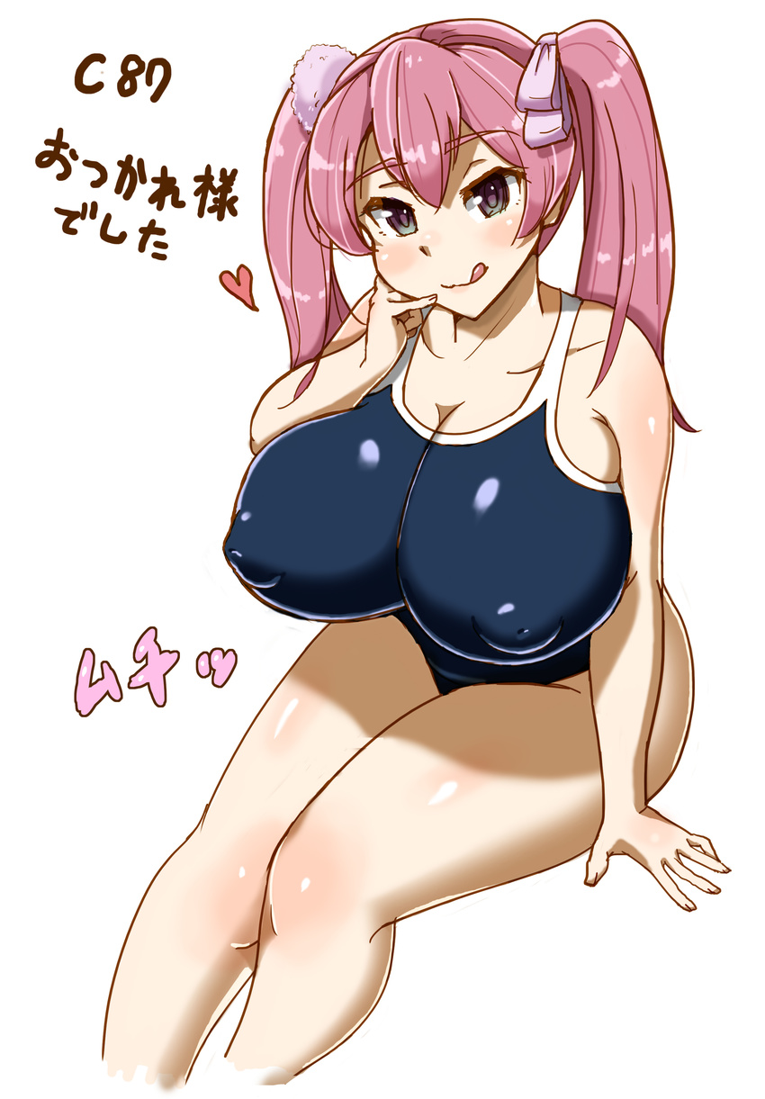 1girl akame_ga_kill! alternate_breast_size bare_shoulders black_hair blue_swimsuit blush breasts cleavage collarbone curvy erect_nipples female hair_ornament huge_breasts licking_lips long_hair long_twintails looking_at_viewer mine_(akame_ga_kill!) one-piece_swimsuit pink_hair plump puffy_nipples purple_eyes simple_background sitting smile solo swimsuit thick_thighs tongue tongue_out twintails white_background yosyo