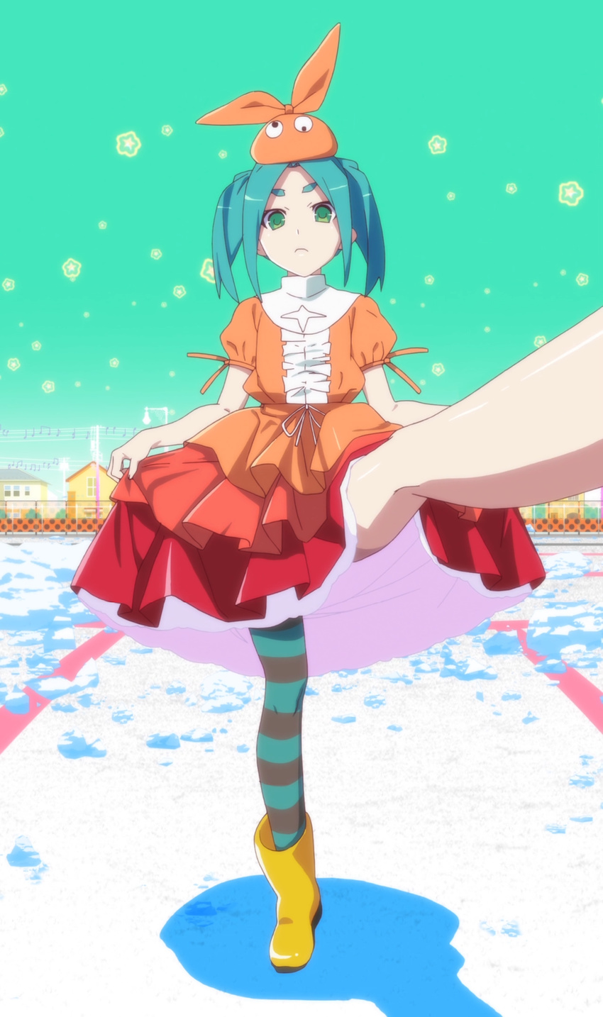 1girl aqua_hair dress eyebrows green_eyes hat highres monogatari_(series) ononoki_yotsugi owarimonogatari screencap striped_legwear