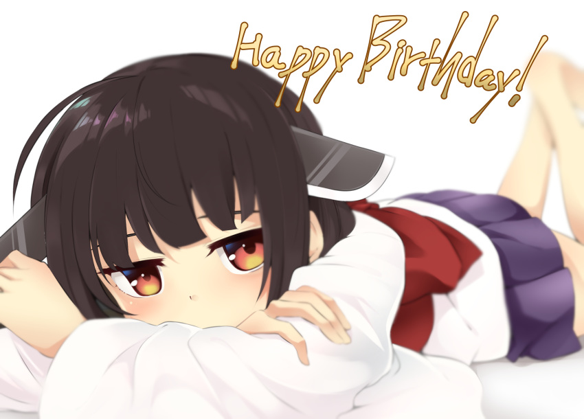 1girl arai_togami bangs blurry brown_hair covered_mouth crossed_arms depth_of_field happy_birthday headgear highres japanese_clothes legs_up long_sleeves looking_at_viewer lying miniskirt obi on_stomach orange_eyes pleated_skirt purple_skirt sash short_hair simple_background skirt solo touhoku_kiritan voiceroid white_background