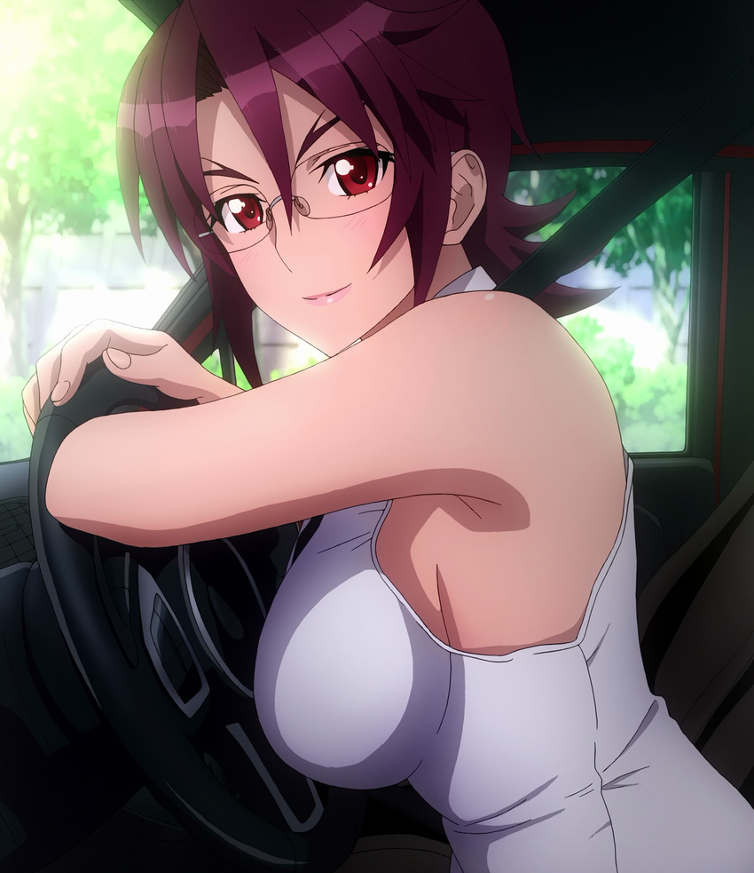 1girl breasts car female glasses highres huge_breasts large_breasts motor_vehicle red_eyes screencap short_hair sideboob sitting smile solo stitched triage_x tsurugi_miki