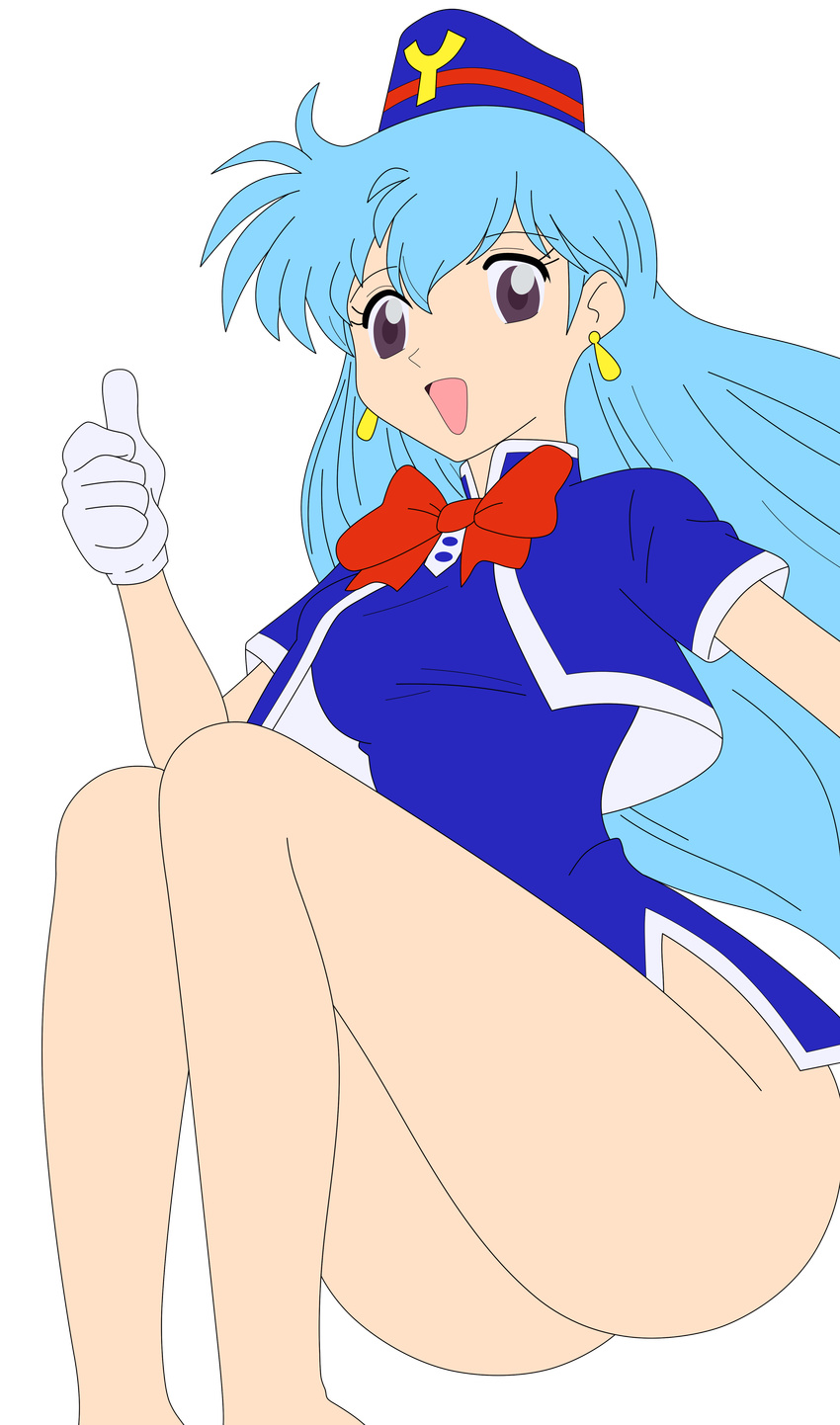 1girl absurdres aqua_hair breasts dress female hat highres hips legs legs_crossed long_hair no_panties photoshop purple_eyes short_dress simple_background smile solo stewardess tenjouin_katsura thighs vector_trace yat_anshin_uchuu_ryokou