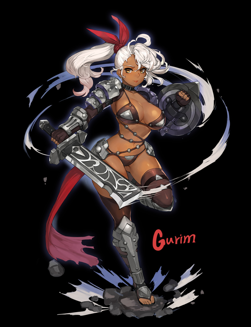 1girl armor armored_boots artist_name bikini bikini_armor black_background black_bikini black_collar black_gloves black_legwear boots breasts clenched_hand collar curvy dark_skin elbow_gloves fingerless_gloves full_body gloves gurimjang highres holding holding_sword holding_weapon large_breasts lips long_hair looking_at_viewer navel original ponytail shield shoulder_armor solo standing standing_on_one_leg swimsuit sword thigh_strap thighhighs weapon white_hair yellow_eyes