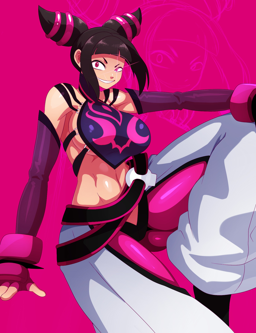 crazy_eyes eric_lowery glowing glowing_eye han_juri midriff navel purple_background solo street_fighter street_fighter_iv