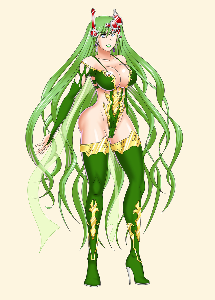 bluebullpen boots breasts cameltoe cleavage final_fantasy final_fantasy_iv green_eyes green_hair hair_ornament high_heel_boots high_heels large_breasts legs leotard lipstick long_hair long_legs makeup rydia thigh_boots thighs very_long_hair