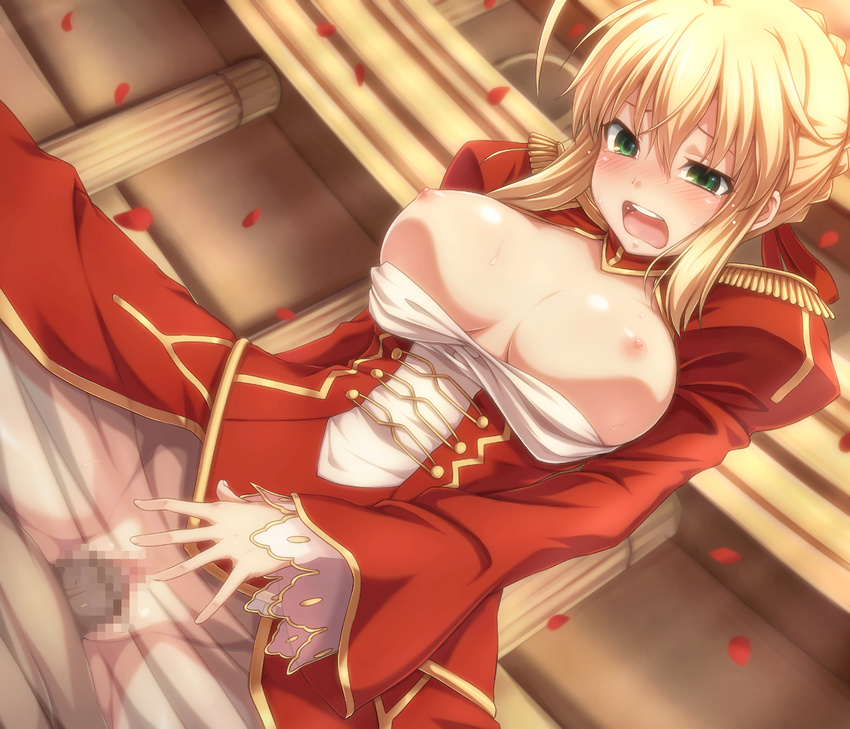 1girl ahoge blonde_hair blush breasts censored dress dutch_angle epaulettes fate/extra fate_(series) girl_on_top green_eyes hair_ribbon hetero large_breasts mosaic_censoring nipples no_panties open_clothes open_mouth penis petals pokiyu pussy ribbon saber_extra see-through sex shiny shiny_skin solo_focus spread_legs tears torogao uneven_eyes vaginal