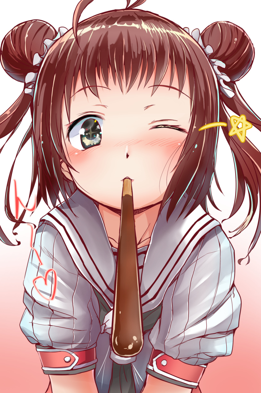 1girl 51_(akiduki) antenna_hair bangs blush bow brown_eyes brown_hair double_bun eyebrows_visible_through_hair food food_in_mouth gradient gradient_background heart highres kantai_collection looking_at_viewer mouth_hold naka_(kantai_collection) neckerchief one_eye_closed pocky pocky_kiss remodel_(kantai_collection) sailor_collar school_uniform serafuku shared_food short_sleeves solo sound_effects sparkling_eyes star upper_body white_bow